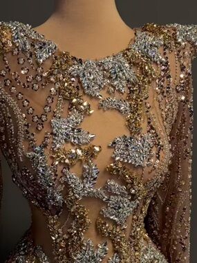 Embellished Sheer Evening Dress in Gold and Silver